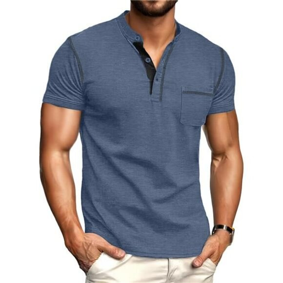 Mens Short Sleeve Henley Shirt Cotton Button Casual Summer Pocket Tee Top - Picture 2 of 7